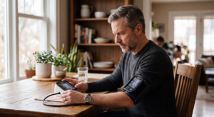 Homem medindo a pressão arterial em casa com aparelho digital ao lado de comprimidos, ilustrando a dúvida sobre pressão alta mesmo tomando remédio.